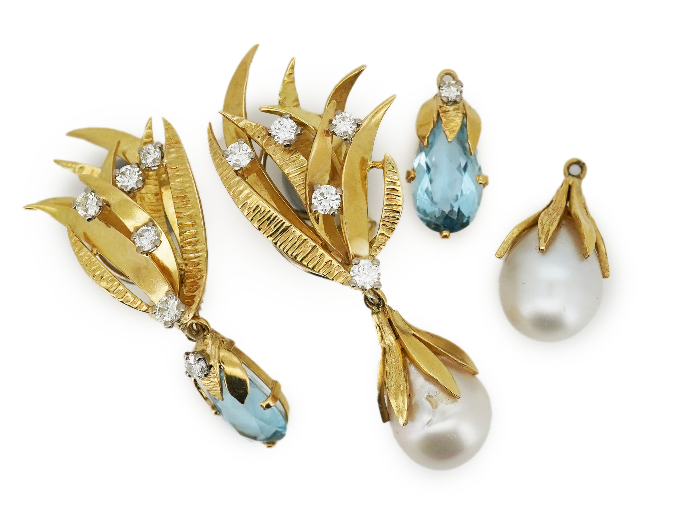 A pair of aquamarine, cultured pearl and diamond ear clips, third quarter 20th century